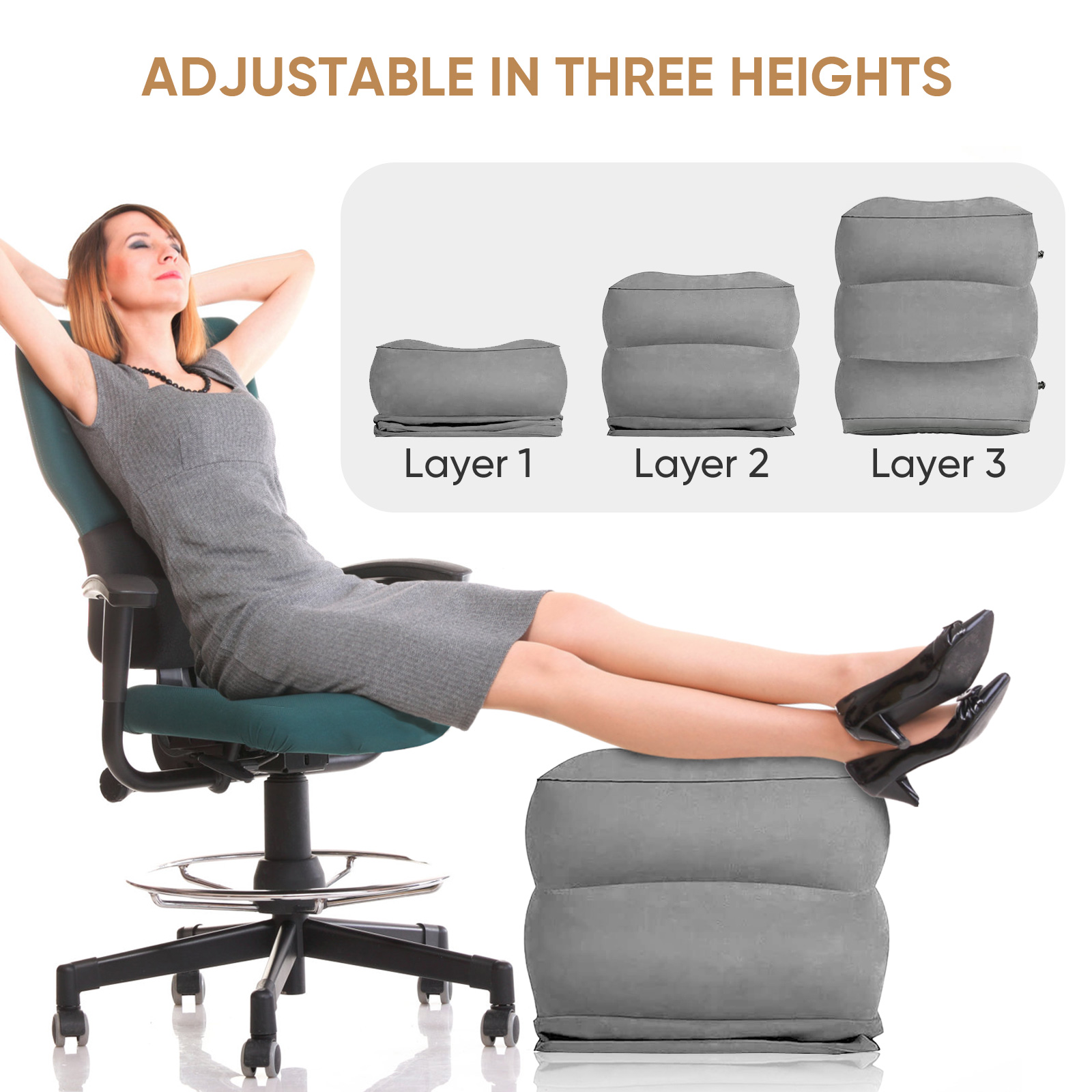 Travel Pillow Inflatable - 飛行機用フットレスト 旅行用フットレスト枕 エアプレーン用インフレータブルフットレスト 高さ調節可能 3層式人間工学に基づいた折りたたみ式