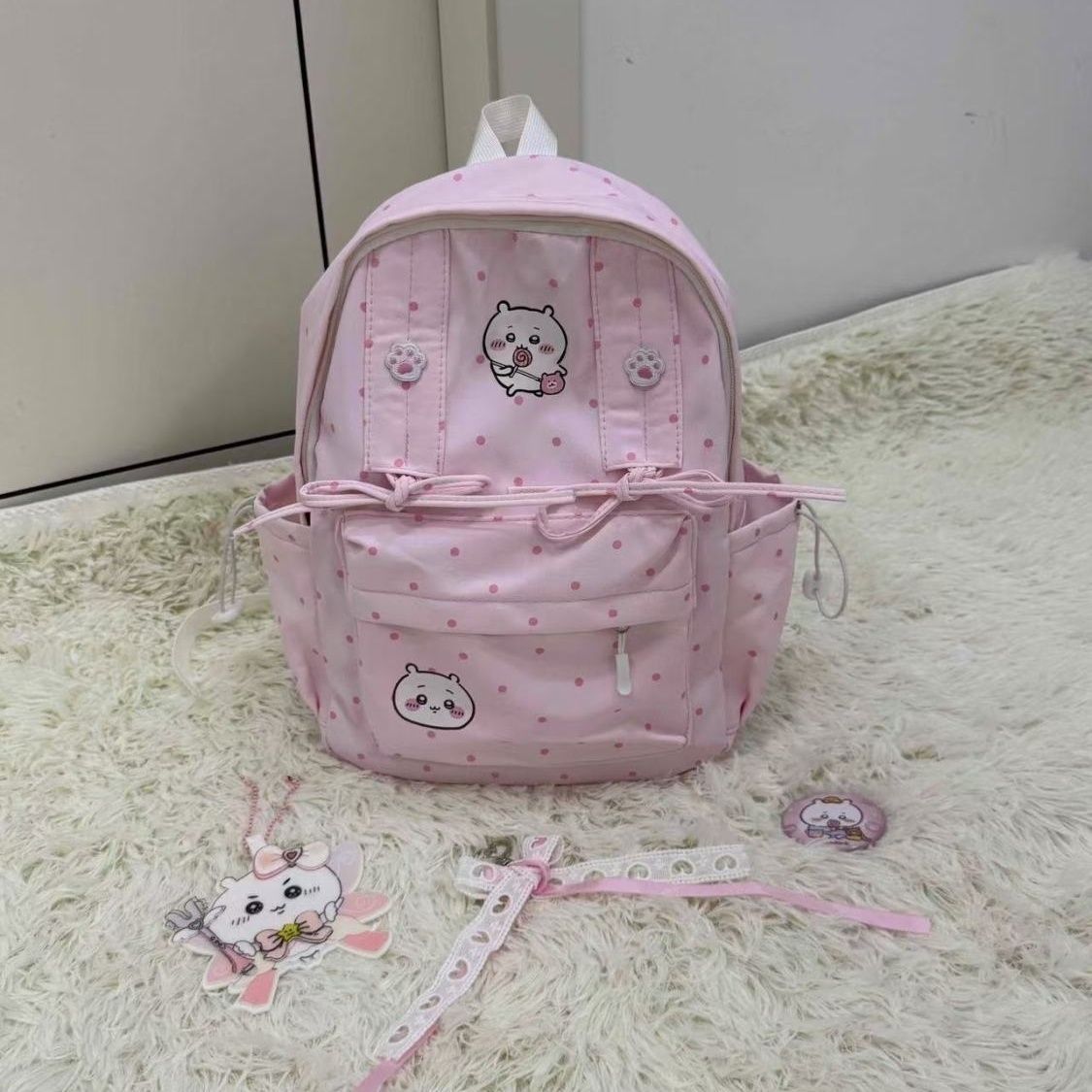 Travel Accessories Pink - チイカワ ピンクのリボン付き波模様ショルダーバッグ 大容量スクールバッグ ポータブルトラベルバッグ 友達への可愛い誕生日プレゼント