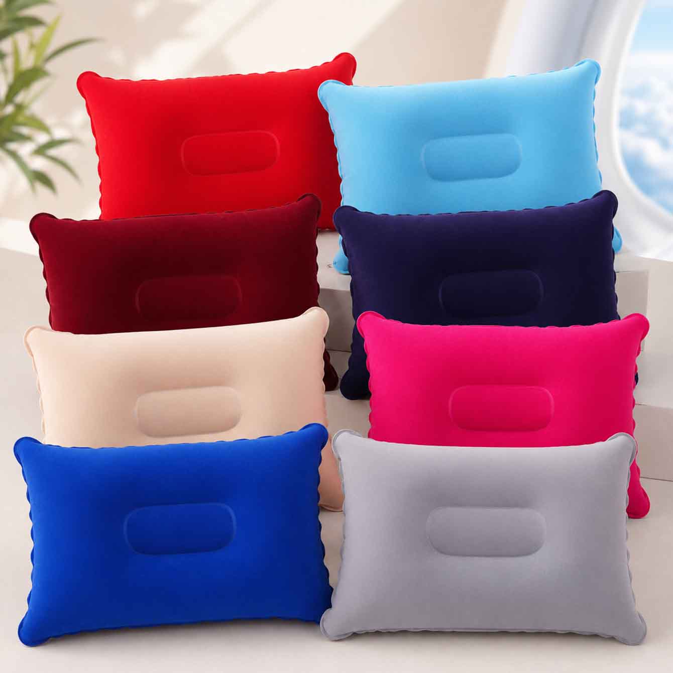 Travel Pillow Inflatable - 2パック超軽量インフレータブル枕、小型正方形フロッキーファブリックエアピロー、ハイキング、キャンプ、旅行、昼寝用ビーチピロー