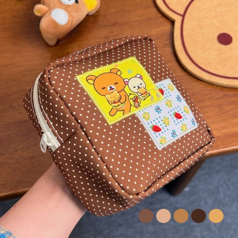 Travel Accessories Deals - かわいいリラックマブラウンポルカドット化粧品バッグかわいいクマのパッチプリントジッパー収納ポーチ大容量旅行用化粧バッグ