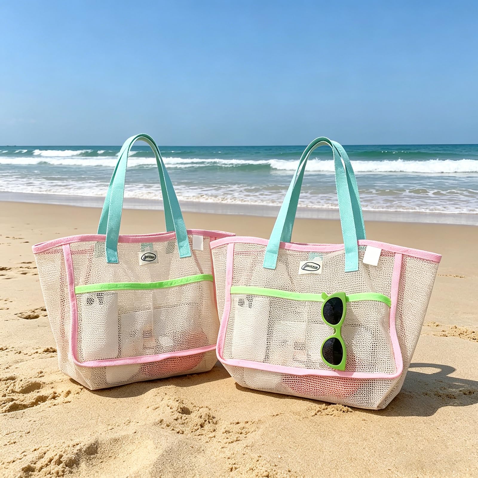 Travel Accessories Deals - 女性用ビーチバッグ カラフルな折りたたみ式ネットサンドトートバッグ 旅行用プール収納ポケット ビーチアクセサリー用
