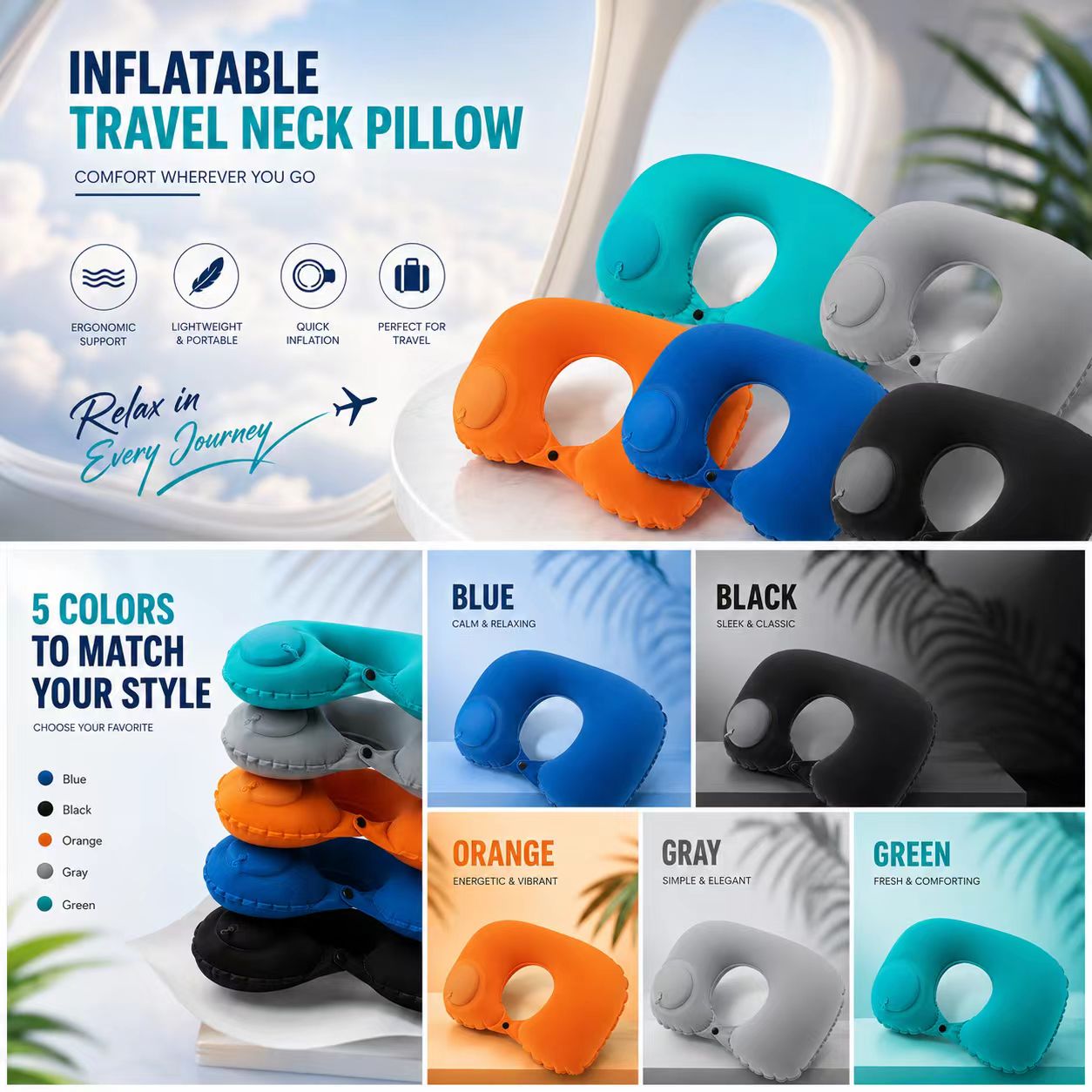 Travel Pillow Inflatable - 5色展開、プレス式インフレータブル枕、折りたたみ式携帯エアピロー、旅行、キャンプ、オフィス、休息に最適
