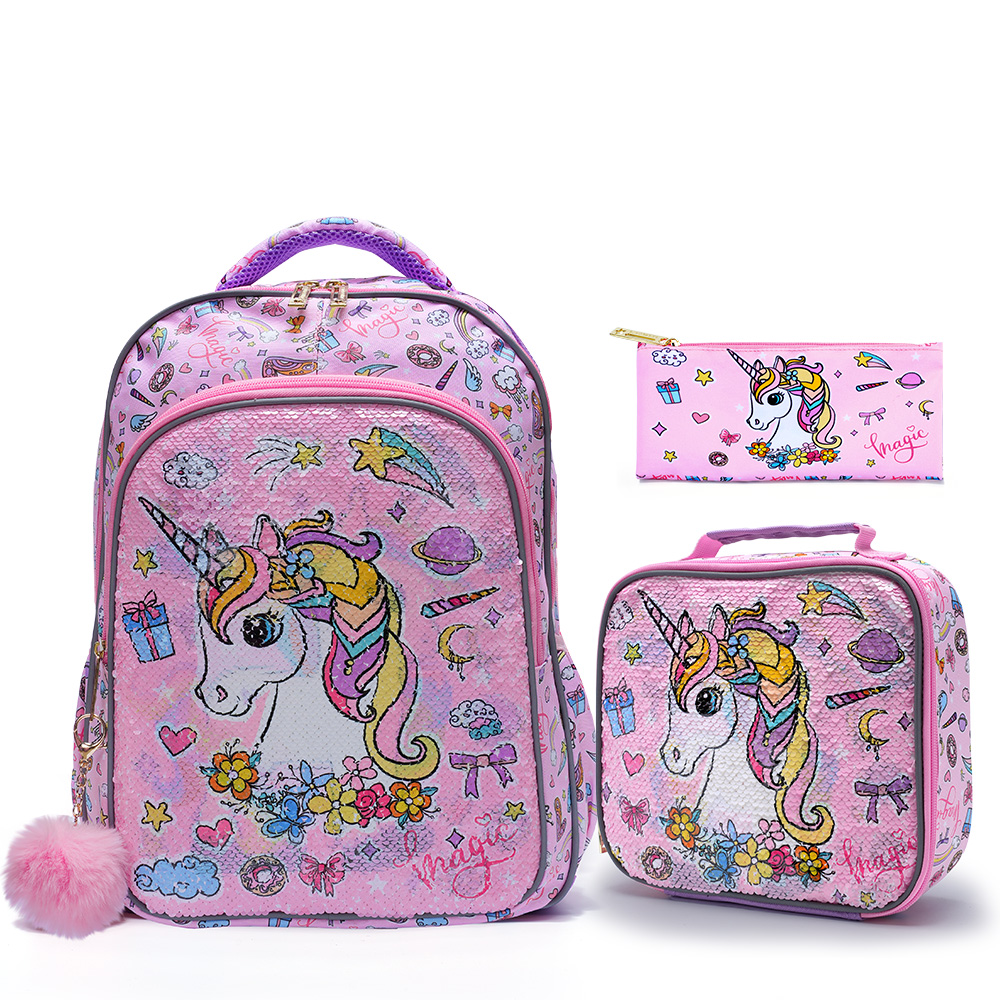 Travel Accessories Pink - 3点セット キッズトラベルバッグ、ラゲージバッグ、ブックバッグ、ランチボックスとペンケース付き、かわいいピンクのユニコーンスパンコール、夜間反射機能付き