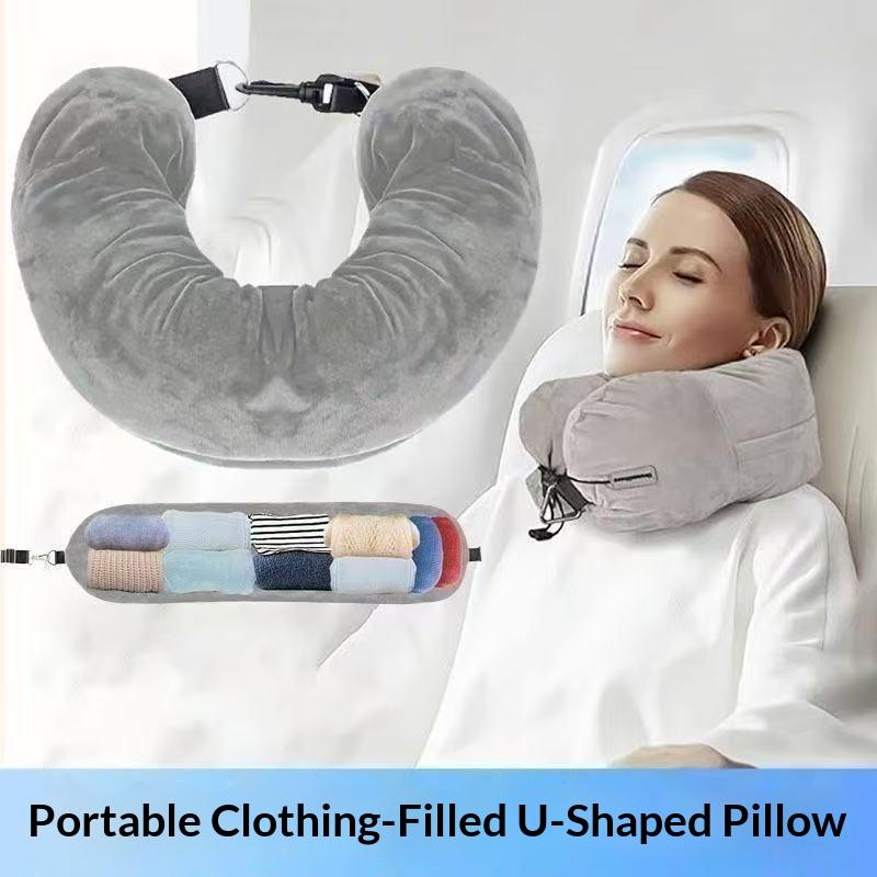 Travel Pillow Inflatable - 飛行機旅行用トラベルネックピロー、詰め物可能な衣類収納バッグ付き、U字型枕カバー、クリスタルフリースネックピローカバー