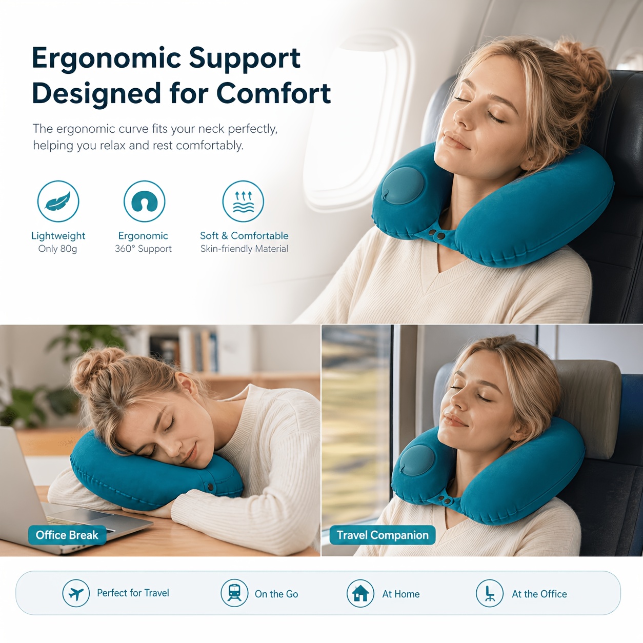Travel Pillow Inflatable - SPDJUMPER インフレータブルトラベルネックピロー、U字型ポータブル枕、収納バッグ付き、飛行機、車、オフィス、自宅用