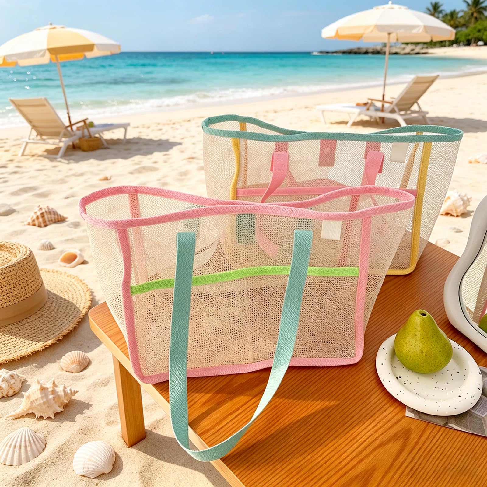 女性用ビーチバッグ カラフルな折りたたみ式ネットサンドトート - Travel Accessories Deals のレビューと価格