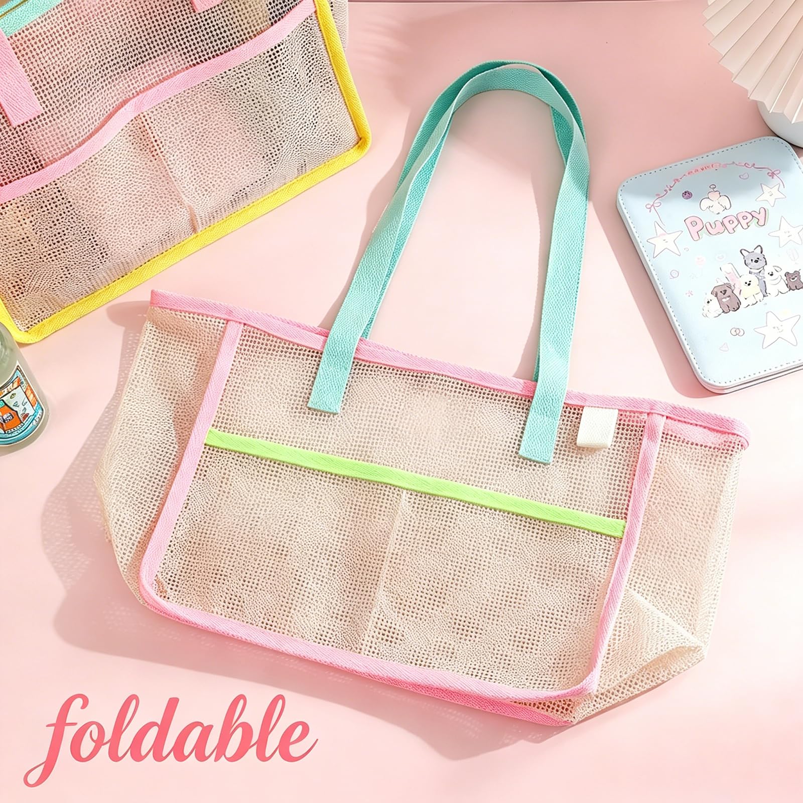 女性用ビーチバッグ カラフルな折りたたみ式ネットサンドトート - Travel Accessories Deals のレビューと価格
